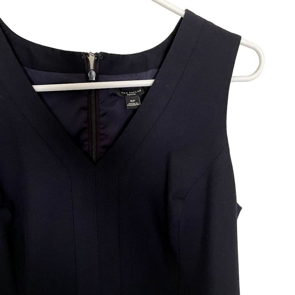 Ann Taylor Sheath Dress 6P Navy Blue Women Petite V-Neck Lined Cotton Blend - Picture 2 of 6